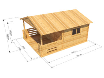 Wizualizacja drewnianej chaty o nazwie Zuzia od Domki Sauny z podanymi wymiarami. Chata ma długość 500 cm, szerokość 400 cm, a wysokość 250 cm. Na rysunku pokazane są szczegółowe wymiary konstrukcji.